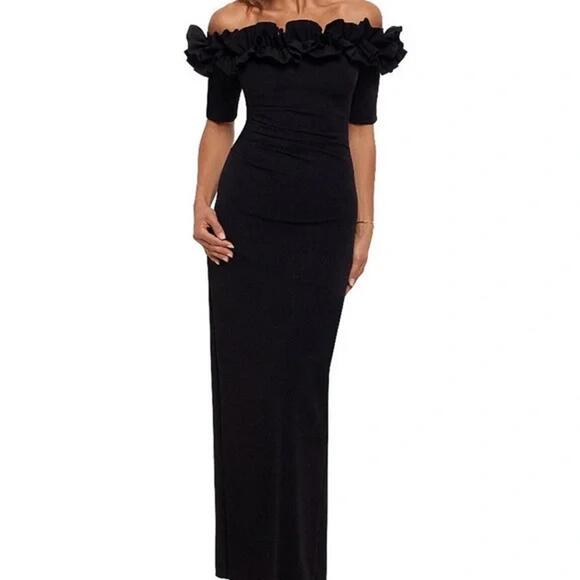 Xscape Off Shoulder Ruffled Ponte Gown Maxi Dress Black 12P - Picture 1 of 7